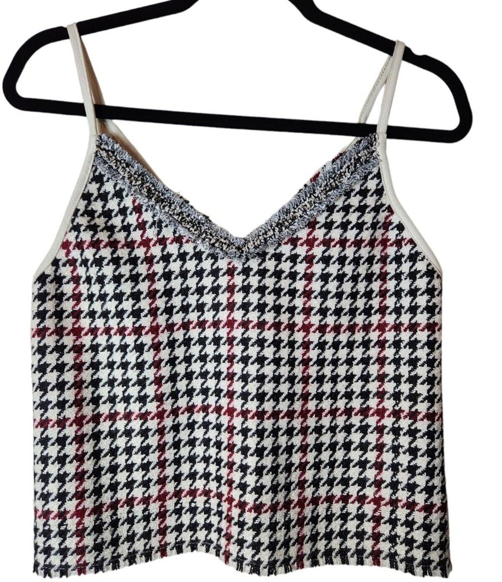 Zara Basic Houndstooth Knit and Faux Suede Back Tank Top Shirt Strap Retro Small